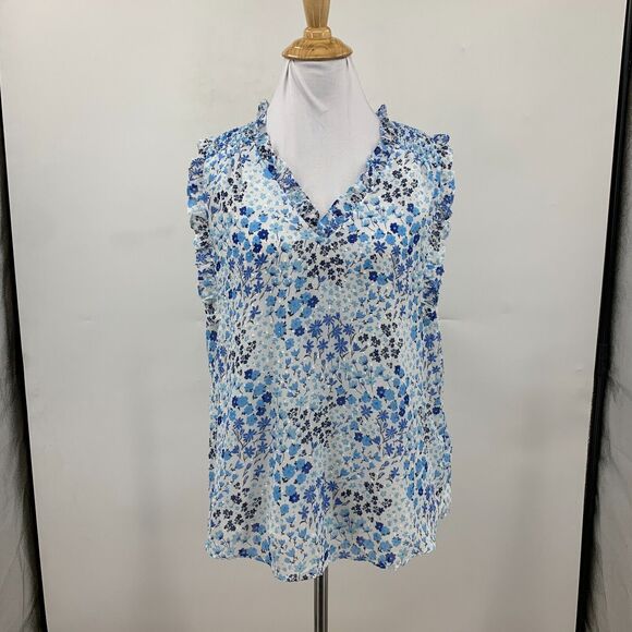 Maison d Amelie Tank Blouse Womens S Small Blue Floral Sleeveless Ruffle V Neck - Picture 2 of 11